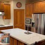 The Granite Transformations team installed this beautiful, engineered stone countertop right over a dated tile surface in just two days.