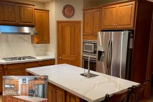 The Granite Transformations team installed this beautiful, stone countertop right over a dated tile surface in just two days.