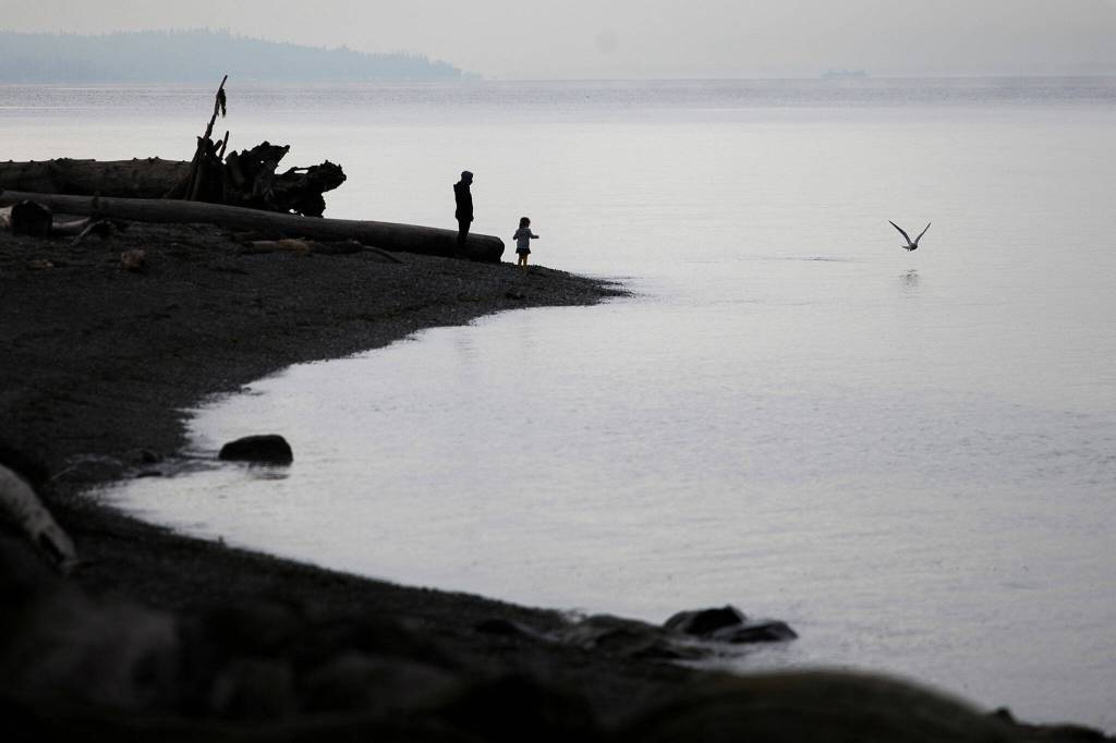 Emma Cranston walks along Mukilteo Beach watching seagulls with the girl she nannies on Feb. 9 in Mukilteo. (Olivia Vanni / The Herald)