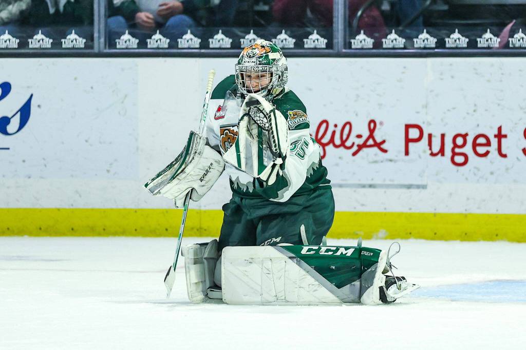 The Silvertips Koen Macinnes stops a shot during a game against the Blazers on Saturday, Feb. 12, 2022, at Angel of the Winds Arena in Everett. (Kristin Ostrowski / Everett Silvertips)