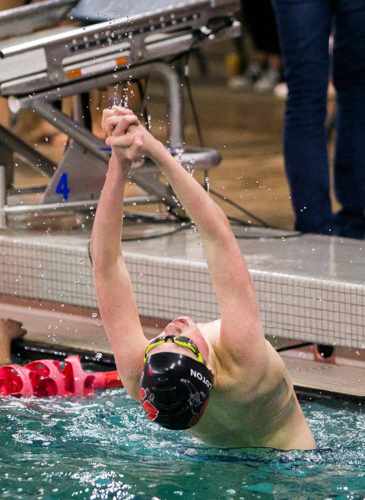 Snohomishճ Connor Colloton celebrates after winning the 200 Yard Freestyle Relay the during the 3A Boys Districts swim meet on Saturday, Feb. 12, 2022 in Snohomish, Wa. (Olivia Vanni / The Herald)
