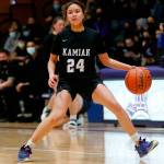 Kamiaks Bella Hasan steps back before launching a 3-pointer against Lake Stevens on Feb. 7 in Lake Stevens. (Ryan Berry / The Herald)