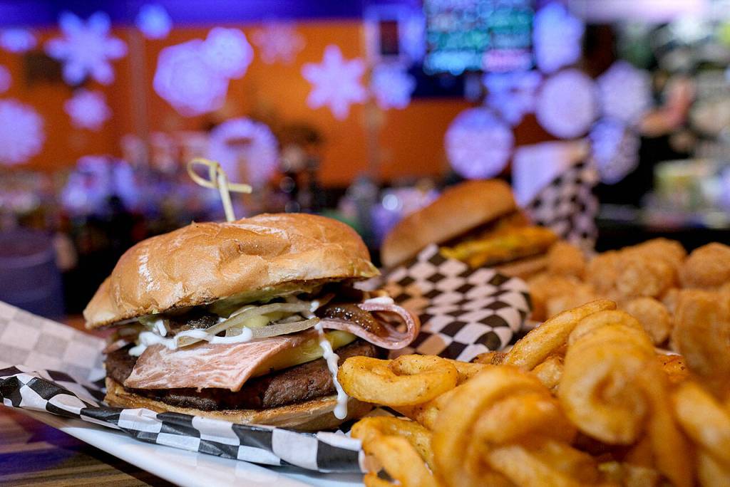 The Bayside Cafes bacun burger includes vegan bacon, grilled mushrooms, Chao cheese, onions, mayo and guacamole. (Taylor Goebel / The Herald)
