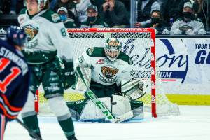 The Silvertips' Koen MacInnes stops a shot during a game against the Kamloops Blazers on Saturday at Angel of the Winds Arena in Everett. (Kristin Ostrowski / Everett Silvertips)