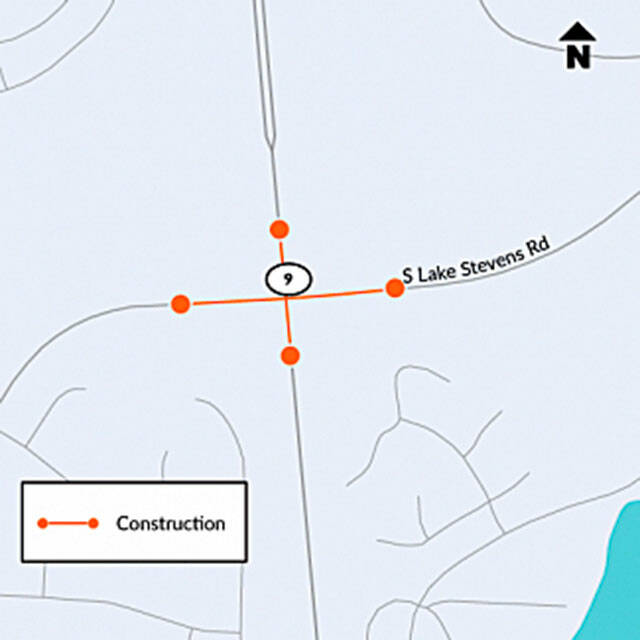 A map of the work area during construction of a roundabout at Highway 9 and South Lake Stevens Road in Lake Stevens. (WSDOT)