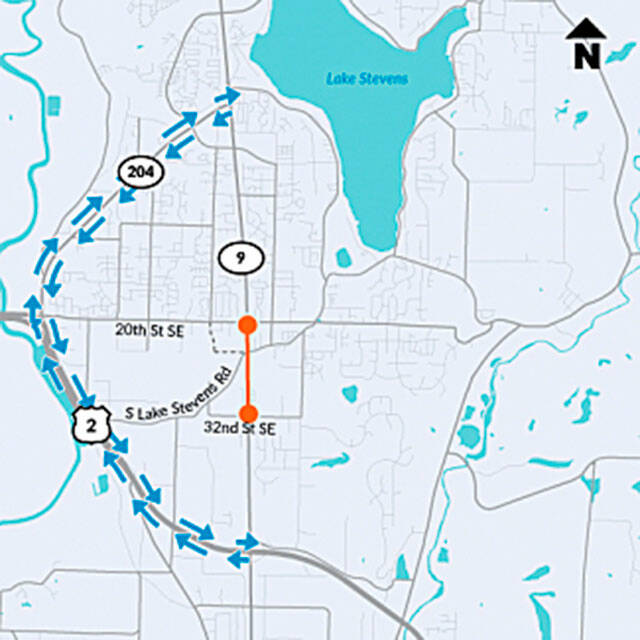 A map of the road closure and detour during weekend closures for construction of a roundabout at Highway 9 and South Lake Stevens Road in Lake Stevens. (WSDOT)