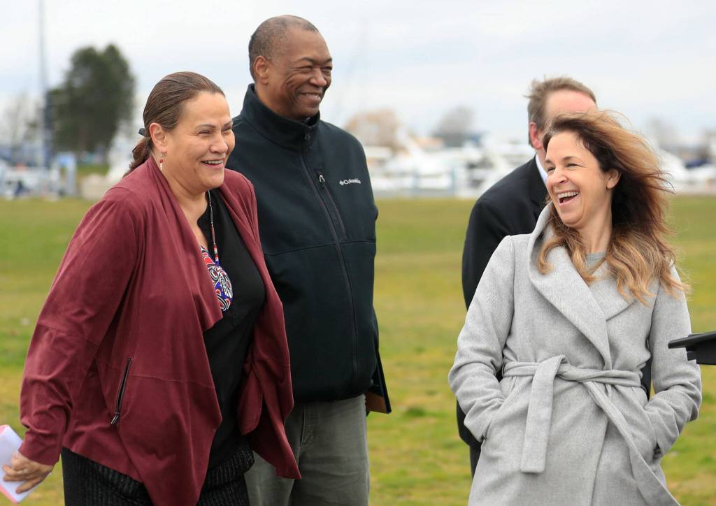 Teri Gobin (left), Tulalip Tribes chairwoman; David Simpson (center), Port of Everett commissioner; and Hilary Franz (right), state public lands commissioner, during a news conference at Boxcar Park in Everett last week. (Kevin Clark / The Herald)