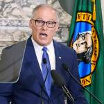FILE - Washington Gov. Jay Inslee speaks as he gives his annual State of the State address on Jan. 11, 2022, at the Capitol in Olympia, Wash. On Tuesday, Feb. 15, 2022, Sen. David Frockt, D-Seattle, said that a bill sought by Inslee that would make it a crime for elected officials or candidates to knowingly lie about election outcomes if those claims result in violence would not be brought up for a vote on the Senate floor because the bill did not have enough support to clear the Democratic-led chamber. (AP Photo/Ted S. Warren, File)