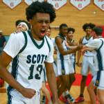 Shorecrests Newton Pepple celebrates their win over Stanwood Saturday afternoon at during the 3A District Tournament at Everett Community College in Everett, Washington on February 19, 2022. (Kevin Clark / The Herald )