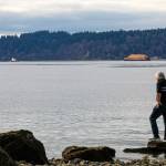 A man stands on a rock and watches as a tugboat pulls a barge along the waterfront Feb. 18 in Mukilteo. (Ryan Berry / The Herald)