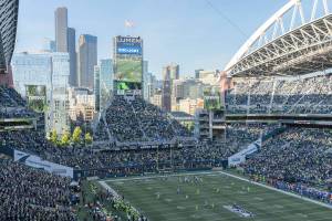 Lumen Field is pictured during the first half of an NFL football game between the Los Angeles Rams and the Seattle Seahawks, Thursday, Oct. 7, 2021, in Seattle. The Rams won 26-17. (AP Photo/Stephen Brashear)