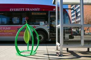 A public art bike rack is seen on the streets as a bus pulls up to a bus stop along Broadway Wednesday, Feb. 23, 2022, in downtown Everett, Washington. (Ryan Berry / The Herald)