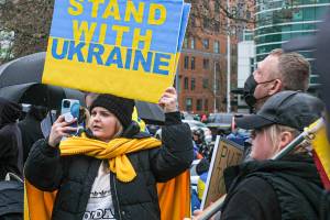 Hundreds of people gathered to protested Russia’s invasion on Ukraine Saturday afternoon at Seattle Center in Seattle, Washington on February 27, 2022.  (Taylor Goebel / The Herald)