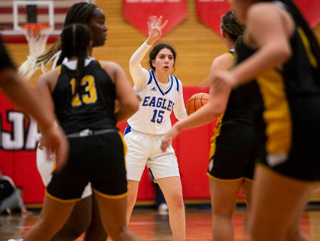 Grace Academys Kathryn Fehme calls out a play during the game against Cusick on Friday, Feb. 25, 2022 in Everett, Washington. (Olivia Vanni / The Herald)