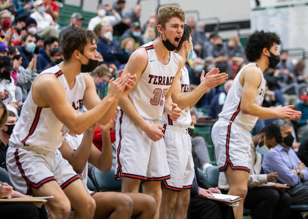 Mountlake Terraces Mason Towne reacts to a score during the game against Kelso on Saturday, Feb. 26, 2022 in Mill Creek, Washington. (Olivia Vanni / The Herald)