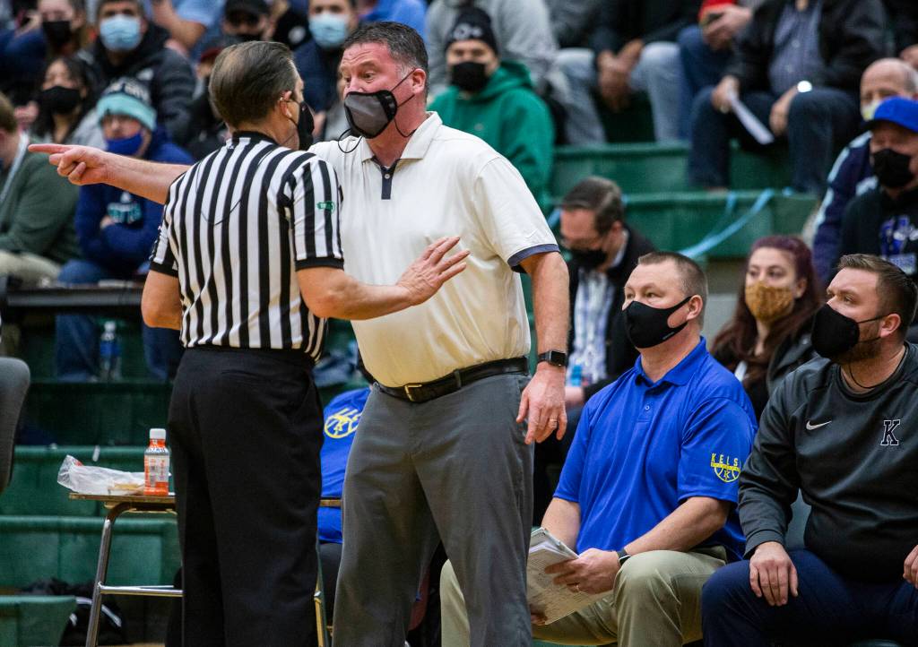 The Kelso head coach Joe Kinch reacts to getting a technical foul during the game against Mountlake Terrace on Saturday, Feb. 26, 2022 in Mill Creek, Washington. (Olivia Vanni / The Herald)