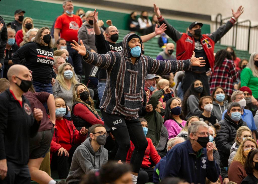Mountlake Terrace fans react to a missed foul call during the game against Kelso on Saturday, Feb. 26, 2022 in Mill Creek, Washington. (Olivia Vanni / The Herald)