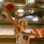 Lakewoods Dillon Wilson finishes off a layup in transition against Sammamish Saturday, Feb. 26, 2022, during a Class 2A regional matchup at Everett Community College in Everett, Washington. (Ryan Berry / The Herald)