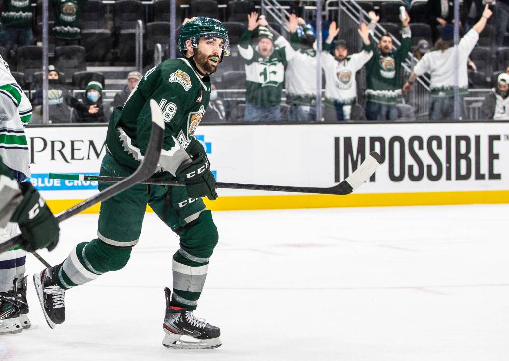 Everett Silvertips fans react to a goal during the game against the Seattle Thunderbirds at Climate Pledge Arena on Saturday, Feb. 26, 2022 in Seattle, Washington. (Olivia Vanni / The Herald)