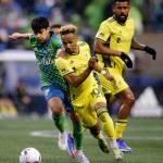 The Seattle Sounders’ Obed Vargas tries to chase down the ball during the opening game of the 2022 season against Nashville SC on Sunday, Feb. 27, 2022, at Lumen Field in Seattle, Washington. (Ryan Berry / The Herald)