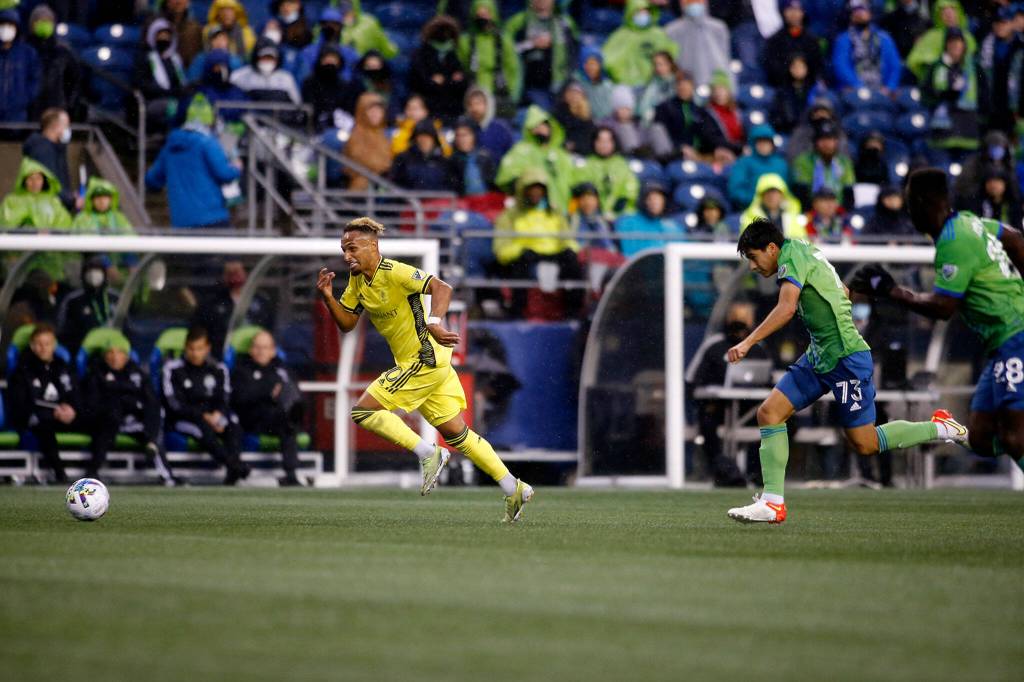 Nashville’s Hany Mukhtar takes off on a run up field during the opening game of the 2022 season against the Seattle Sounders on Sunday, Feb. 27, 2022, at Lumen Field in Seattle, Washington. (Ryan Berry / The Herald)