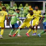The Seattle Sounders’ Cristian Roldan takes possession of the ball during the Sounders’ opening game of the 2022 season against Nashville SC on Sunday, Feb. 27, 2022, at Lumen Field in Seattle, Washington. (Ryan Berry / The Herald)