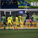 Nashville goaltender Joe Willis makes a save during the opening game of the 2022 season against Seattle on Sunday, Feb. 27, 2022, at Lumen Field in Seattle, Washington. (Ryan Berry / The Herald)