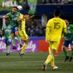 The Seattle Sounders’ Nicolas Lodeiro goes for the header during the opening game of the 2022 season against Nashville SC on Sunday, Feb. 27, 2022, at Lumen Field in Seattle, Washington. (Ryan Berry / The Herald)