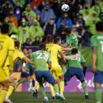 The Seattle Sounders try to score off a corner kick in the waning minutes of their opening game of the 2022 season against Nashville SC on Sunday, Feb. 27, 2022, at Lumen Field in Seattle, Washington. (Ryan Berry / The Herald)
