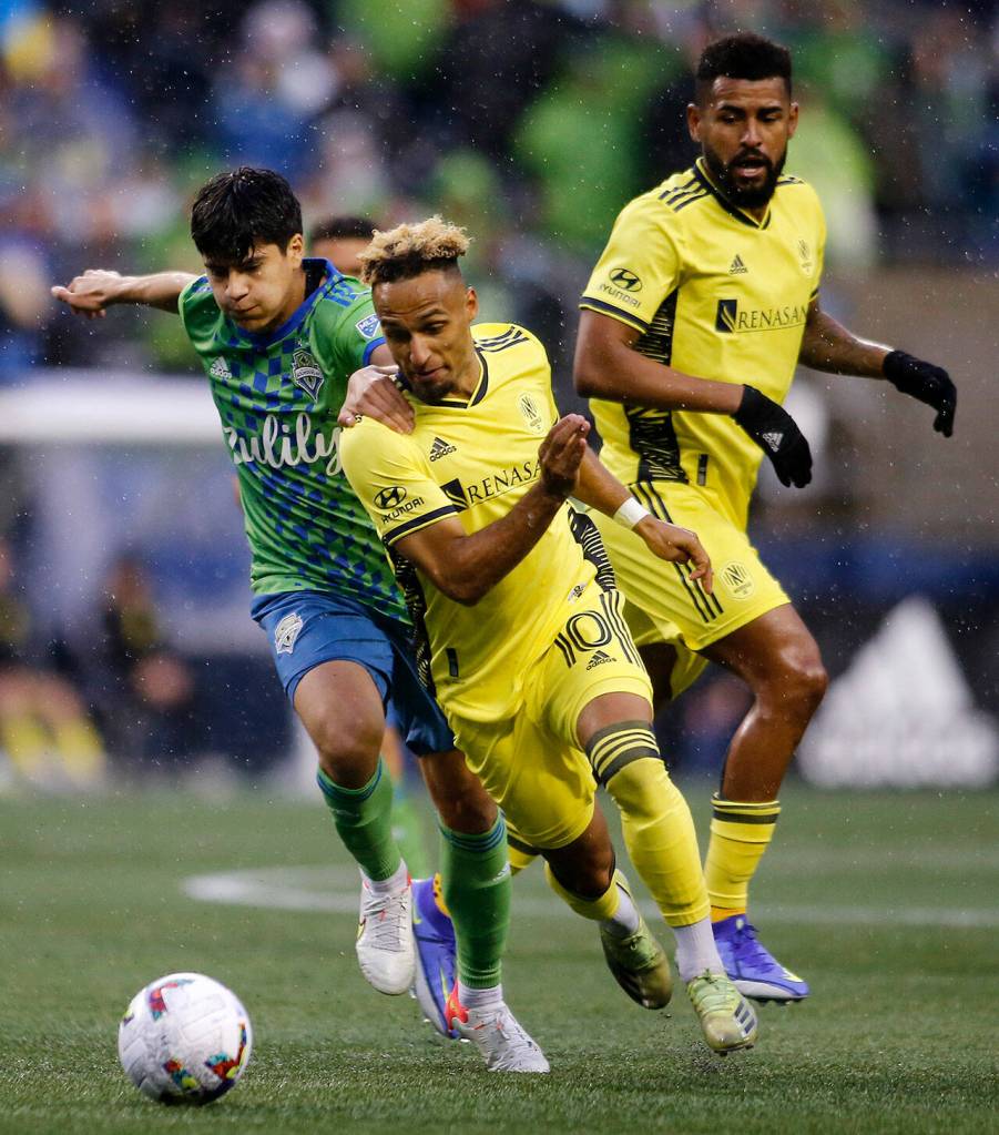 The Seattle Sounders Obed Vargas tries to chase down the ball during the opening game of the 2022 season against Nashville SC on Sunday, Feb. 27, 2022, at Lumen Field in Seattle, Washington. (Ryan Berry / The Herald)