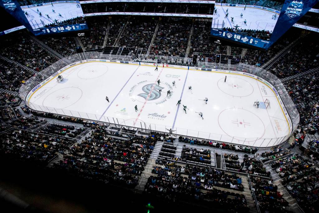 The Everett Silvertips and the Seattle Thunderbirds play at Climate Pledge Arena on Saturday in Seattle. (Olivia Vanni / The Herald)