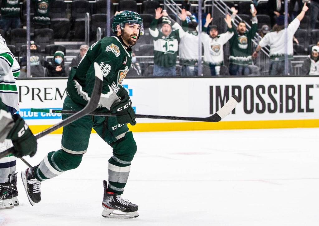 Everett Silvertips fans react to a goal during the game against the Seattle Thunderbirds at Climate Pledge Arena on Saturday, Feb. 26, 2022 in Seattle, Washington. (Olivia Vanni / The Herald)