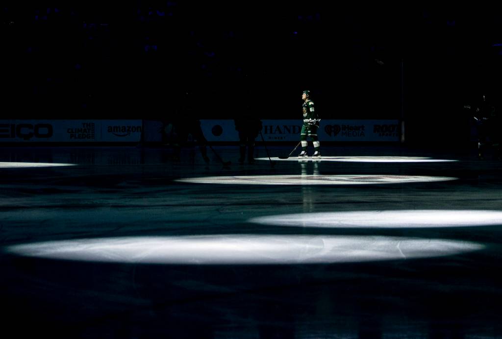 Everett Silvertips Michal Gut skates out onto the ice before the start of the game at Climate Pledge Arena on Saturday, Feb. 26, 2022 in Seattle, Washington. (Olivia Vanni / The Herald)
