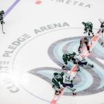 The Everett Silvertips and the Seattle Thunderbirds start the second quarter of their game at Climate Pledge Arena on Saturday, Feb. 26, 2022 in Seattle, Washington. (Olivia Vanni / The Herald)
