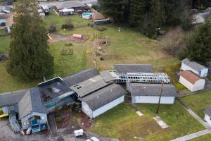 An aerial view of the proposed site for the Faith Family Village Project pallet homes for families on Tuesday, March 8, 2022 in Everett, Washington. (Olivia Vanni / The Herald)