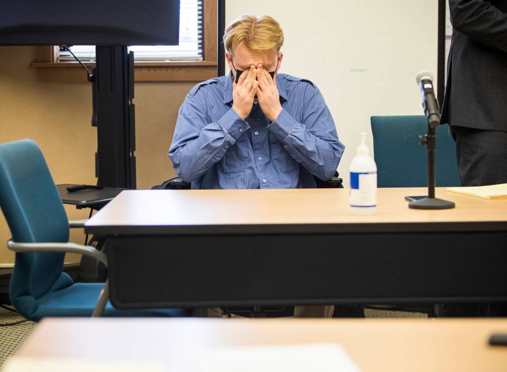 On Oct. 27, Alejandro Meza reacts to the verdict of guilty of first-degree manslaughter at the Snohomish County Courthouse in Everett. (Olivia Vanni / The Herald)