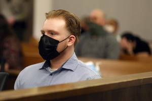 Alejandro Meza remains stoic as a mistrial is declared in court Wednesday, March 2, 2022, at the Snohomish County Courthouse in Everett, Washington. (Ryan Berry / The Herald)