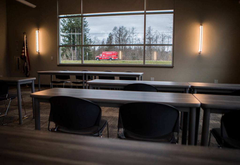 A large conference room and staging area at the new Snohomish County Fire District 5 station in Sultan. (Olivia Vanni / The Herald)