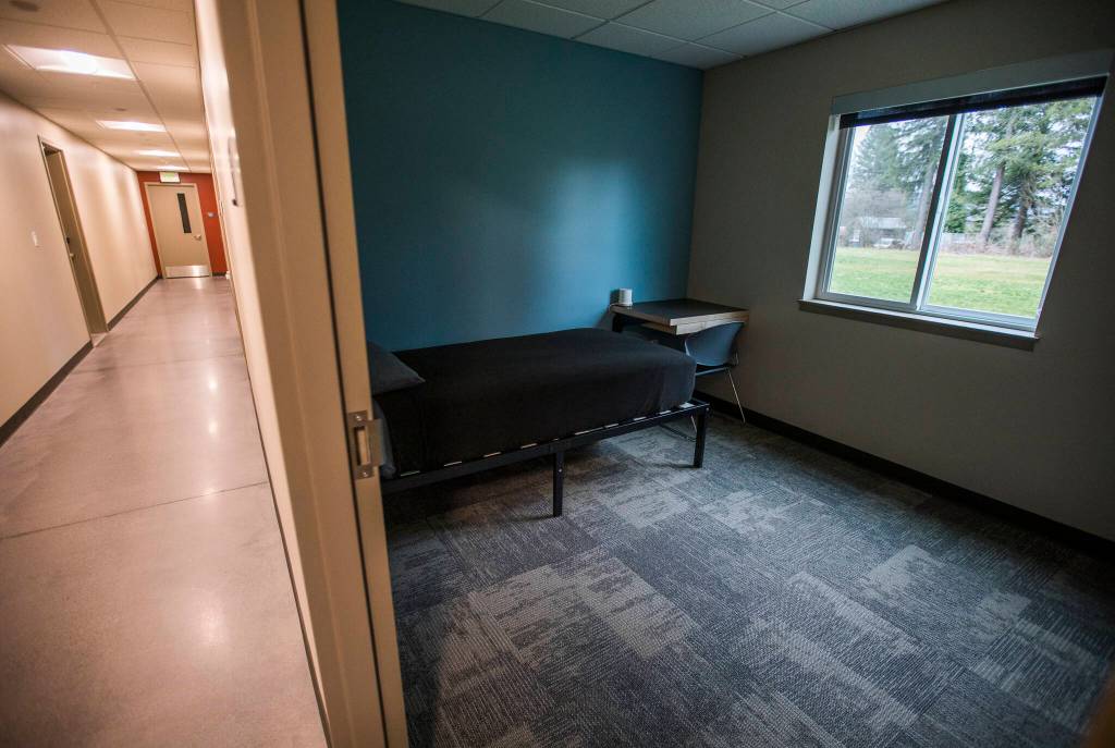 One of the dorm rooms in the new Snohomish County Fire District 5 station in Sultan. (Olivia Vanni / The Herald)