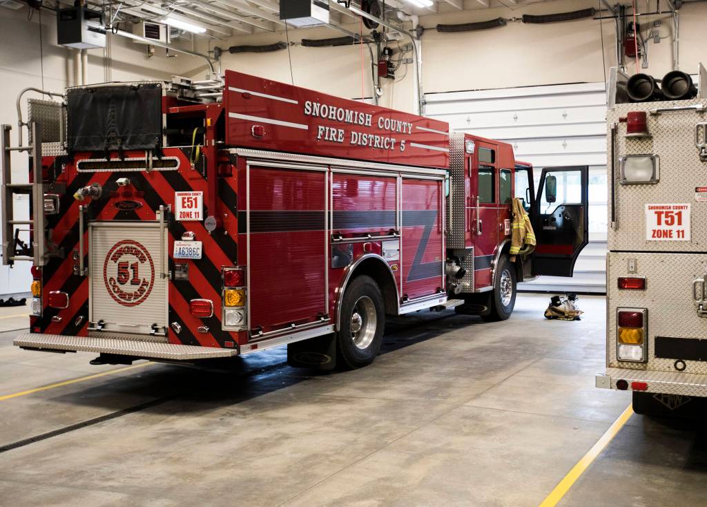 A Snohomish County Fire District 5 truck in the garage area of the new building in Sultan. (Olivia Vanni / The Herald)