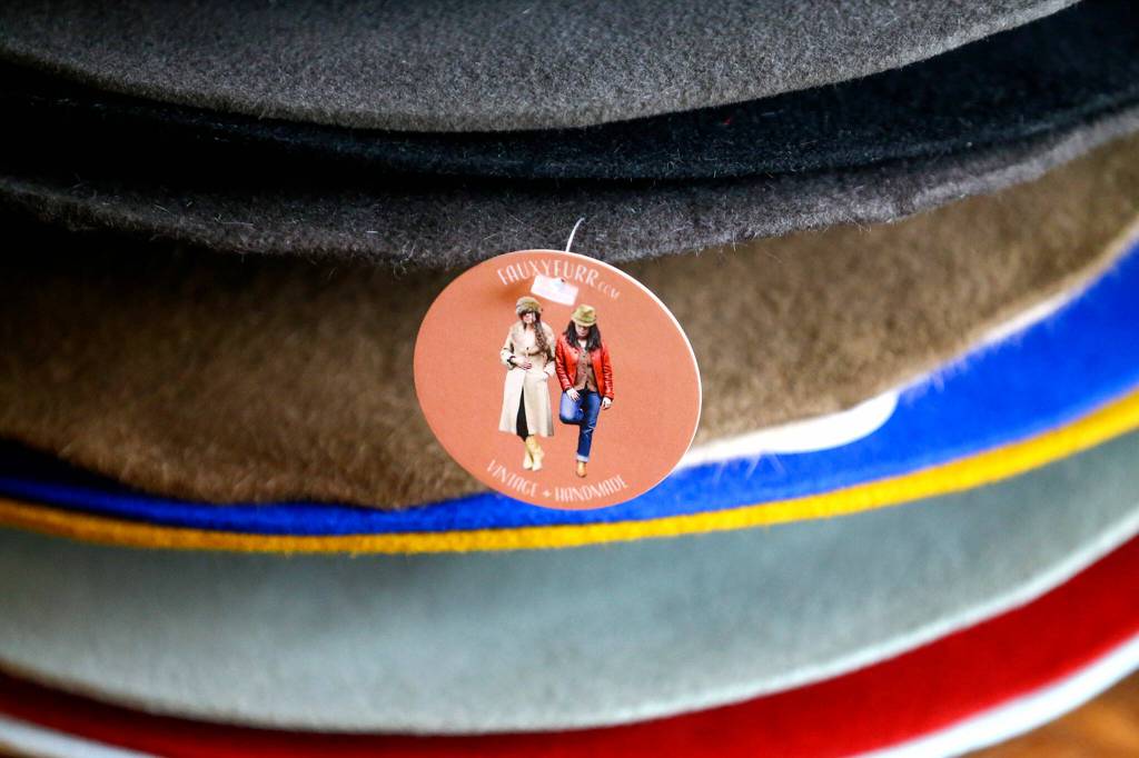 Hat raws await custom orders at FauxyFurr in Arlington. (Kevin Clark / The Herald)