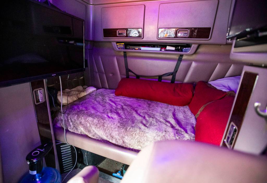 The sleeping quarters of Dirksens truck includes a television and a small refrigerator. (Olivia Vanni / The Herald)