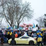Hundreds gathered in front of the Space Needle in Seattle on Saturday to rally against the Russian war in Ukraine. The crowd sang the Ukrainian national anthem, followed by The Star-Spangled Banner.(Taylor Goebel / The Herald)