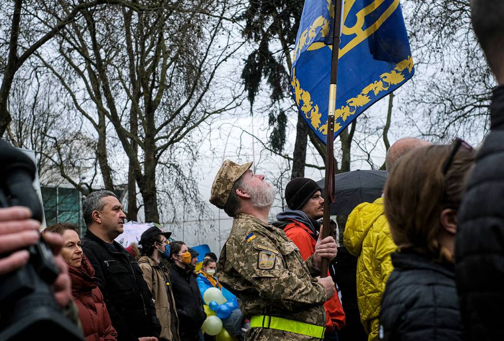 The Space Needle in Seattle became the center of a rally Saturday as hundreds protested Russias war against Ukraine. The rally was organized by the Ukrainian Association of Washington State. (Taylor Goebel / The Herald)