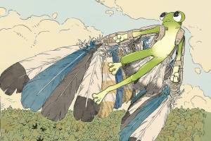 Albert the frog soars with wings made from feathers in this illustration from the children's book "Albert: A Frog and His Dream," written by Doug Warren. (Illustration by Keegan Williams)