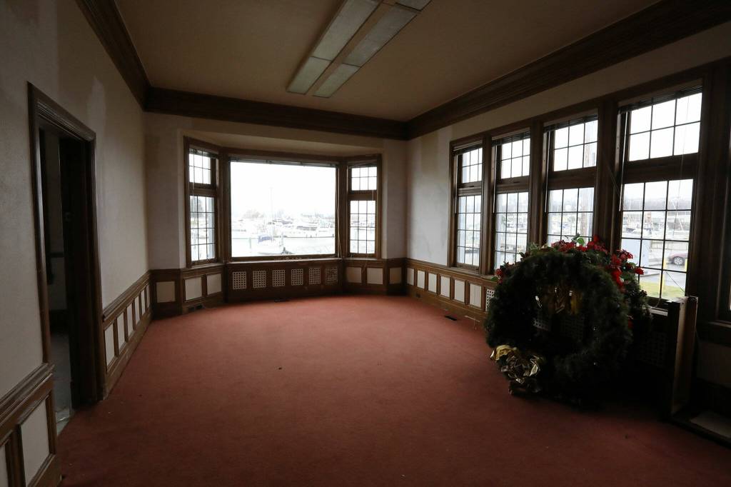 The fireplace room of the Weyerhaeuser Building at the Port of Everett. (Ryan Berry / The Herald)