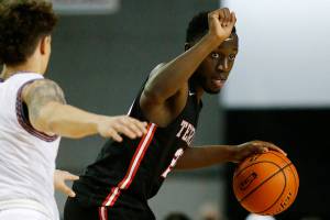 Mountlake Terrace’s Jeffrey Anyimah calls out a play to his teammates against Mt. Spokane Thursday, March 3, 2022, during a 3A matchup at the Tacoma Dome in Tacoma, Washington. (Ryan Berry / The Herald)