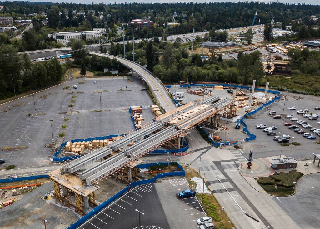 Lynnwood Transit Center Light Rail Station under construction in August 2020 in Lynnwood. (Olivia Vanni / Herald file)