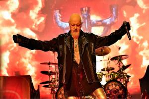 Rob Halford of Judas Priest performs at the Hollywood Casino Amphitheatre on Wednesday, Aug 22, 2018, in Tinley Park, IL. (Photo by Rob Grabowski/Invision/AP)