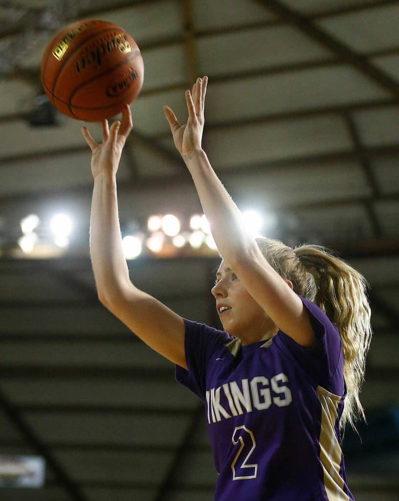 Lake Stevens Chloe Pattison shoots a three against Pasco on Thursday at the Tacoma Dome. (Ryan Berry / The Herald)